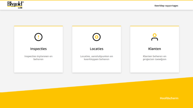 Home screen van web-app voor keerklep-rapportages, waarop het mogelijk is om inspecties, locaties en klanten te beheren